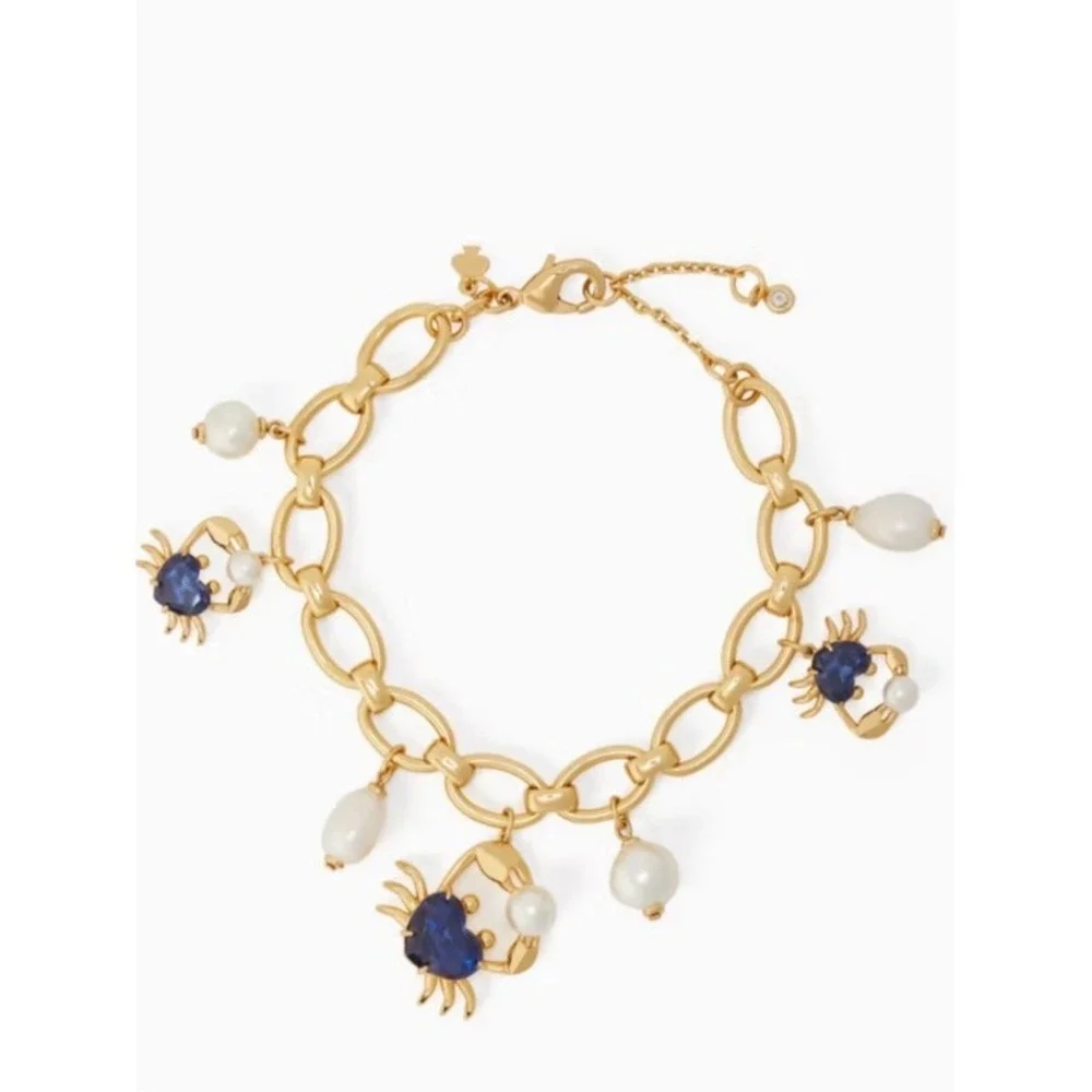 Kate Spade claw out Gold Chain Bracelet with Blue Crystal & Pearl Charm